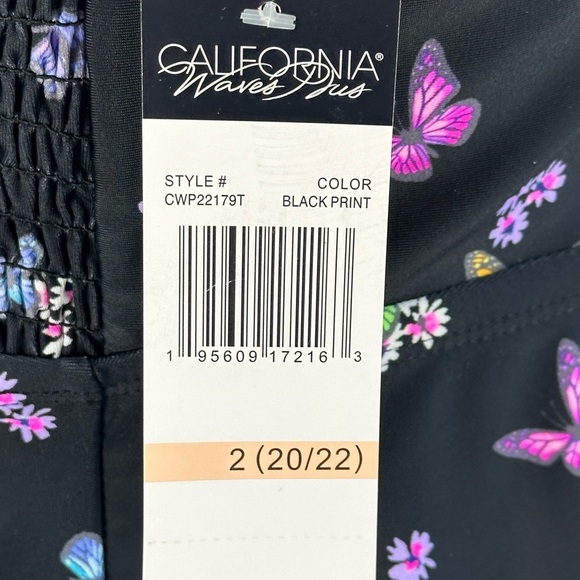 California Waves Smocked Floral Butterfly Print Tankini Top - Black -  2 (20/22) - Picture 8 of 8